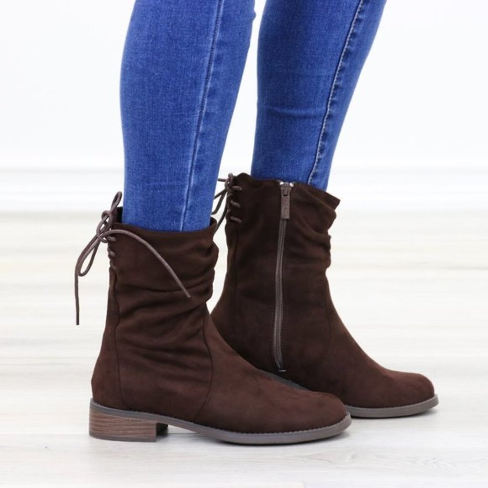 Brown Round Toe Suede Ankle Booties With Lace Back - Picture 15 of 15